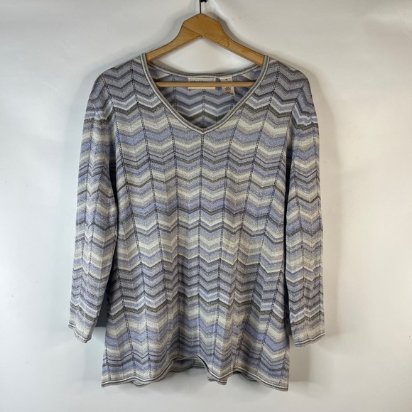Alfred Dunner Sweaters - Alfred Dunner Knit Top Women 1X Blue Silver Chevron Metallic V-Neck 3/4 Sleeve